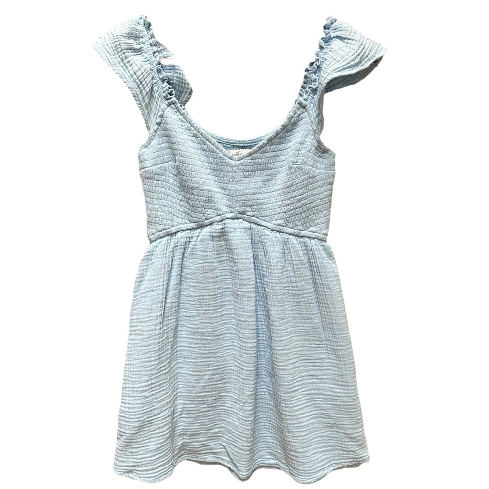 Hollister Babydoll Mini Dress Smocked Light Blue‎ Flutter Sleeve Coquette SM